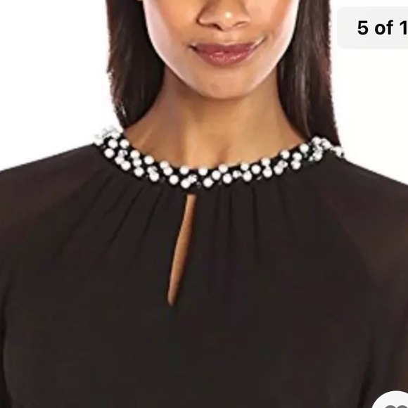 SLNY Navy Blue Long Sleeves Pearls Holiday Dress Size 8 - Picture 2 of 15